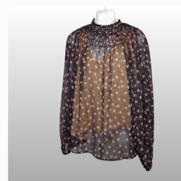 Elizabeth and James Women's Smocked Mock Neck Sheer Long Sleeve Floral Top XL - Picture 6 of 14